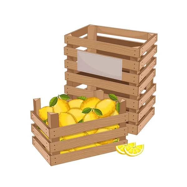 Caixa de madeira cheia de limão vetor isolado — Vetor de Stock
