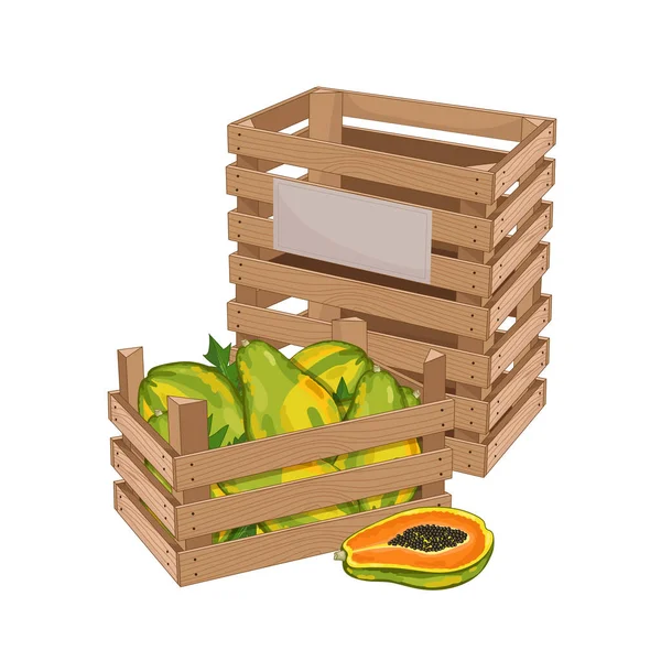 Scatola di legno piena di papaia vettore isolato — Vettoriale Stock
