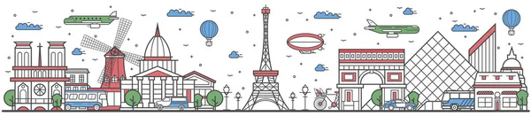 Viajar en París línea de la ciudad plana bandera de diseño — Vector de stock