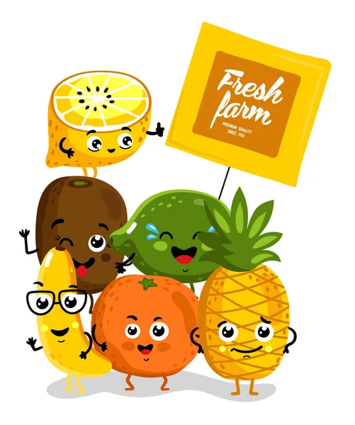 Frutas engraçadas personagens de desenhos animados isolados — Vetor de Stock