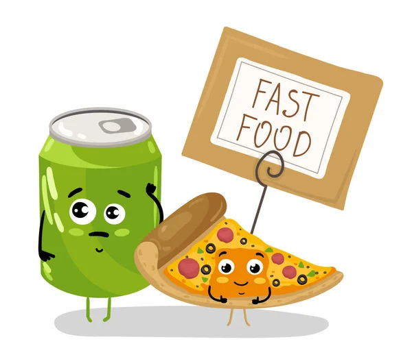 Fetta di pizza divertente e soda può personaggio cartone animato — Vettoriale Stock