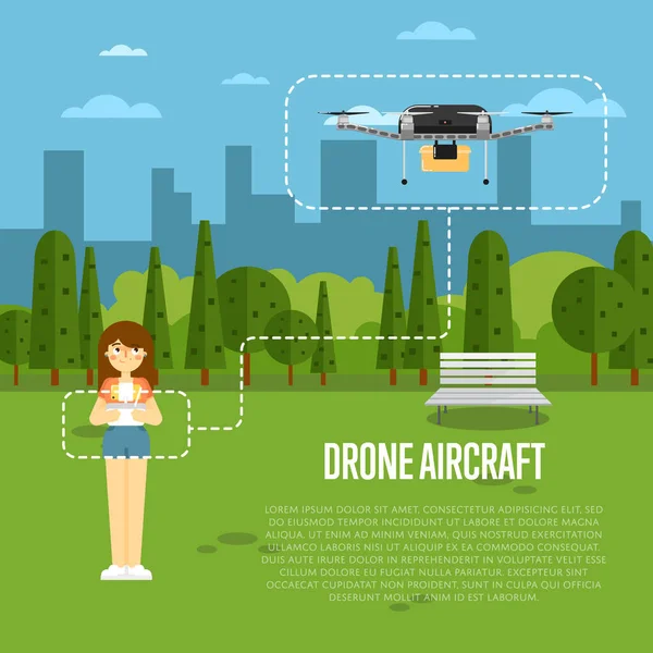 Drone vliegtuig banner met vliegende robot — Stockvector
