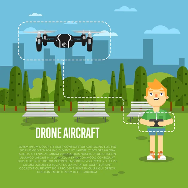 Drone vliegtuig banner met vliegende robot — Stockvector