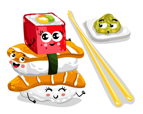 Rolig sushi och sashimi uppsättning tecknad karaktär — Stock vektor