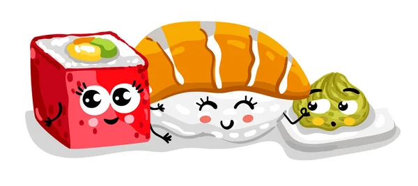 Lustige Sushi und Sashimi Set Cartoon-Figur — Stockvektor