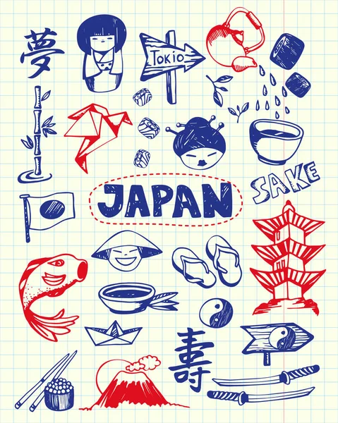 Japón Símbolos Pluma dibujado Doodle Vector Collection — Vector de stock