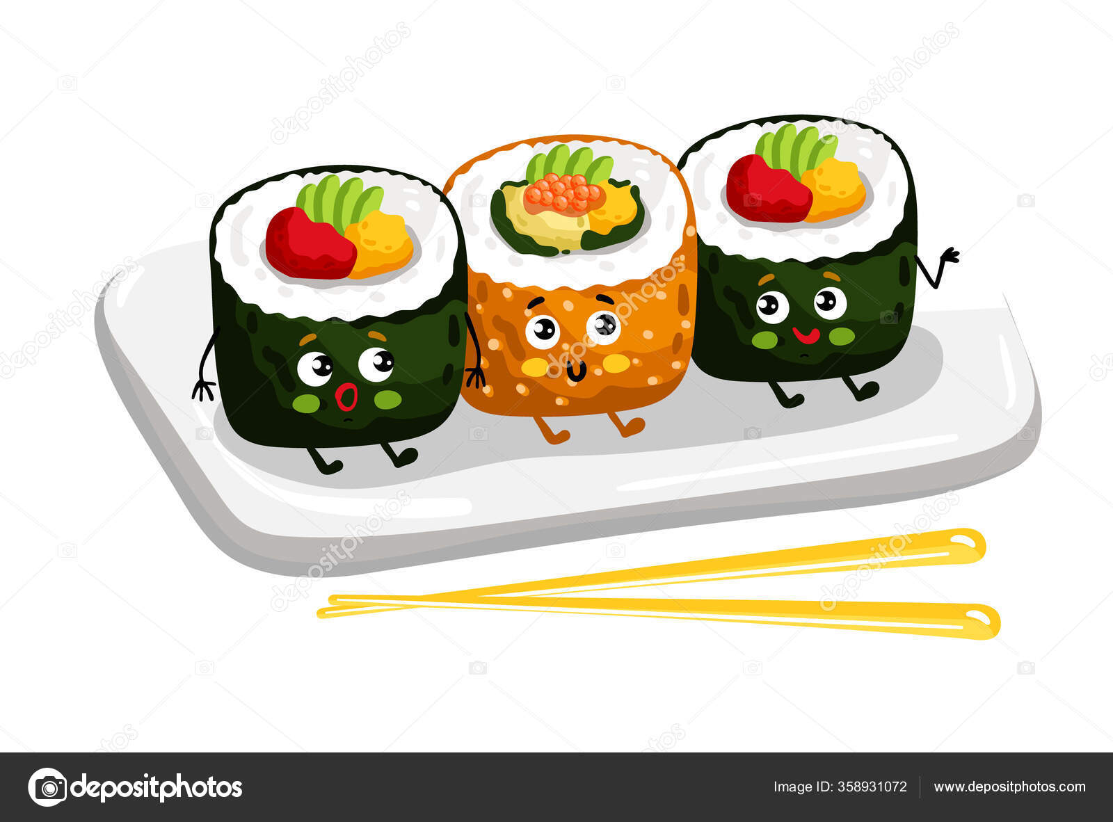 desenhar engraçado kawaii nigiri sushi roll ilustração vetorial