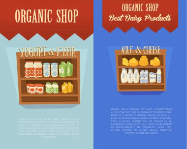 Süpermarket rafları olan organik mağaza afişleri