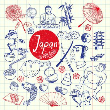 Japon Sembolleri Kalem Çizimi Vektör Koleksiyonu