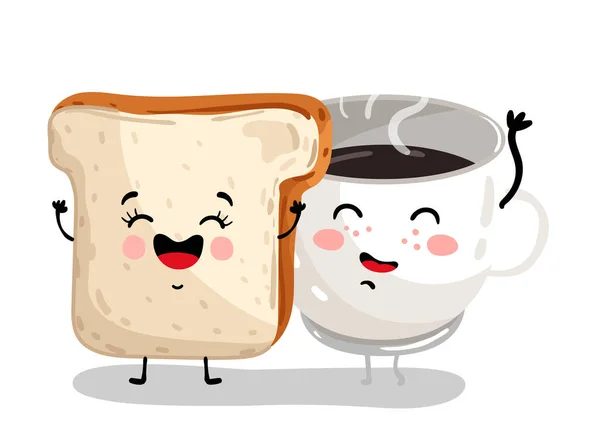Divertente pane tostato e caffè tazza personaggio dei cartoni animati — Vettoriale Stock