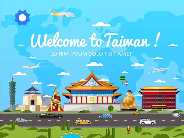 Welkom op Taiwan poster met beroemde attracties — Stockvector
