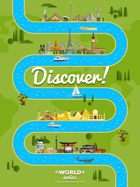 Discover the world poster with famous attractions — Stock Vector