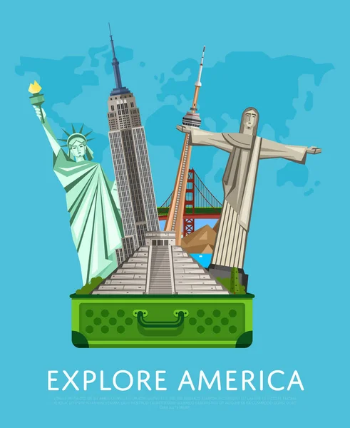 Explore America banner with famous attractions. — Stock Vector
