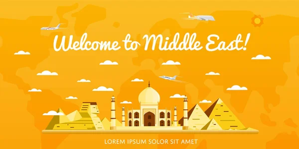 Benvenuti in Medio Oriente poster con attrazioni — Vettoriale Stock