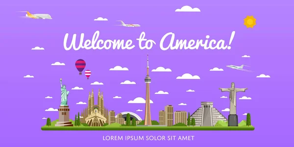 Welcome to America poster with famous attractions — Stock Vector