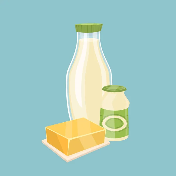 Mléčné výrobky izolované na modrém pozadí — Stockový vektor