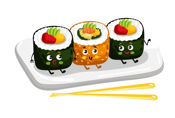 Engraçado rolo de sushi definido na placa personagem de desenho animado — Vetor de Stock