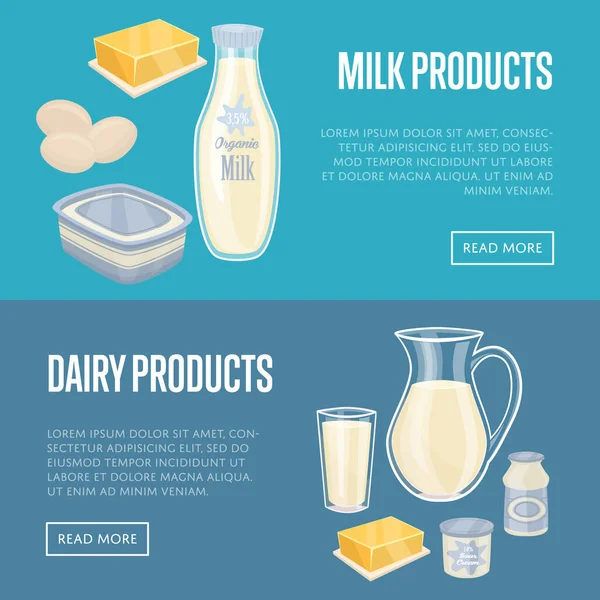 Conjunto de pancartas horizontales de productos lácteos — Archivo Imágenes Vectoriales