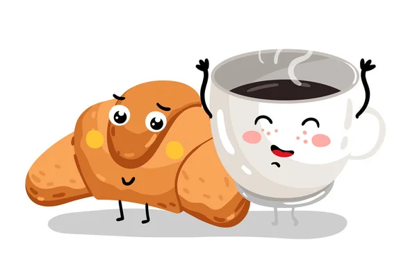 Смешные персонажи из круассанов и чашек кофе — стоковый вектор