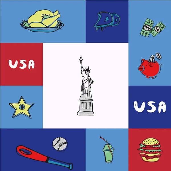 Conceito vetorial quadrado dos EUA com doodles —  Vetores de Stock