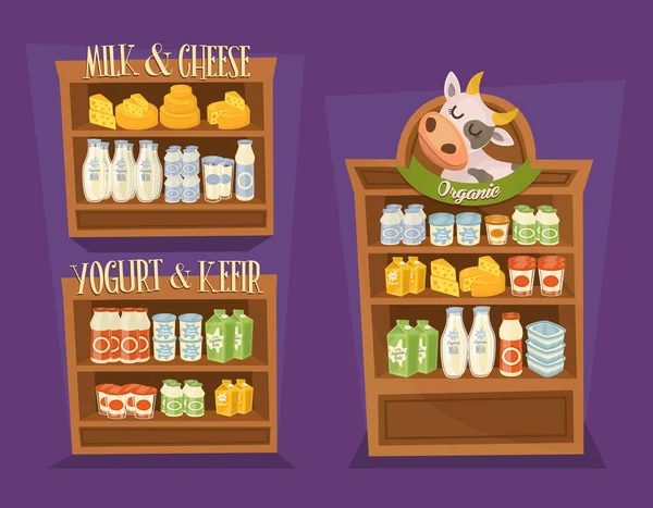 Dairy products set with supermarket shelves — Stock Vector