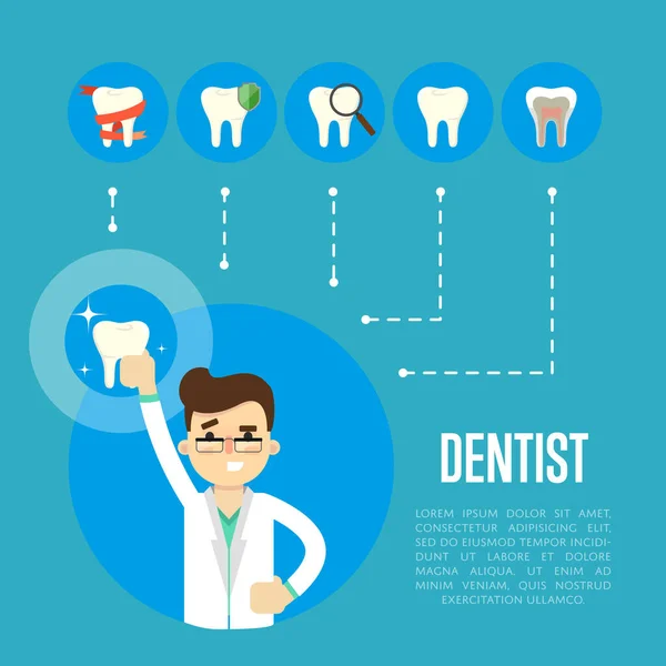 Banner de atendimento odontológico com dentista masculino —  Vetores de Stock