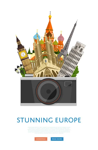 Oszałamiający plakat europejski ze słynnymi atrakcjami. — Wektor stockowy