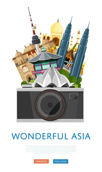 Maravilloso cartel de asia con atracciones famosas . — Vector de stock