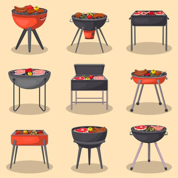 Barbecue grill met voedsel geïsoleerde set — Stockvector