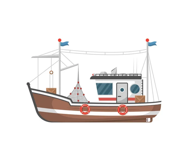 A vonóhálós kereskedelmi halászhajók oldalnézetének ikonja — Stock Vector