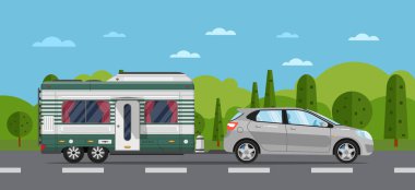 Hatchback arabası ve karavanı olan bir seyahat posteri.