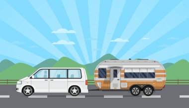 Hatchback arabası ve karavanı olan bir yolculuk posteri.