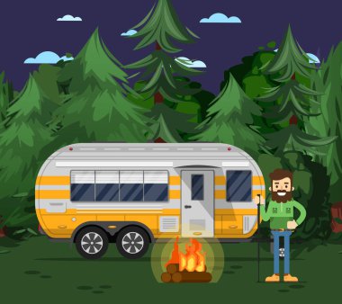 Seyahat karavanı olan bir turist kampı posteri