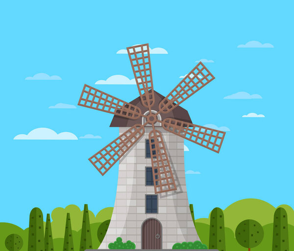 Stone windmill building on nature background