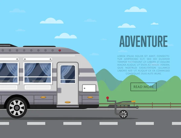 Affiche aventure routière avec bande annonce de camping — Image vectorielle