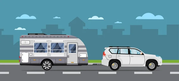 Road resa affisch med SUV bil och släpvagn — Stock vektor