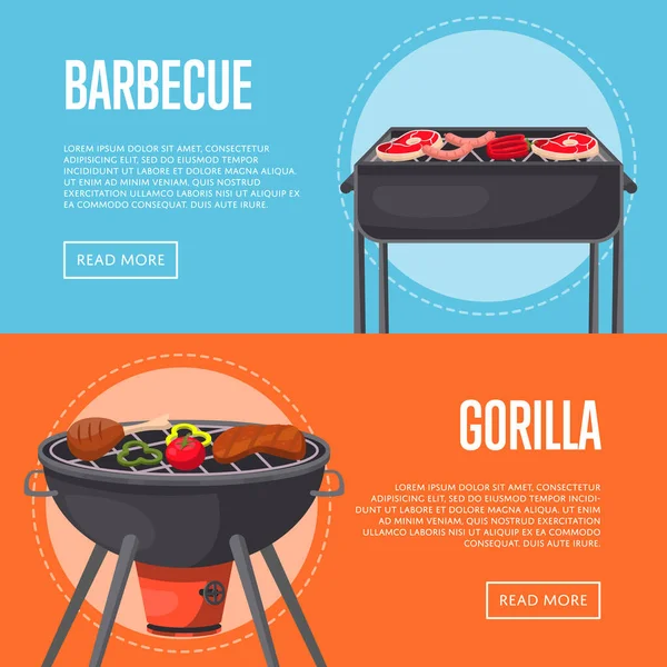 BBQ family party flyers with meats on barbecue — стоковий вектор