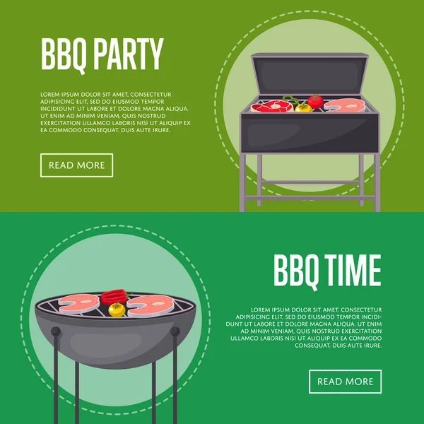 BBQ party flyers with meats on barbecue — стоковий вектор