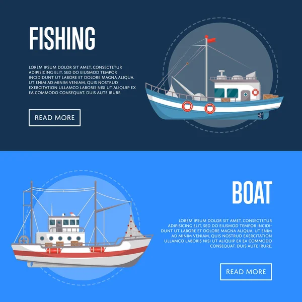 Folhetos da empresa de pesca com pequenos barcos comerciais — Vetor de Stock