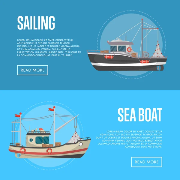 Folletos comerciales de pesca con pequeños barcos de mar — Vector de stock