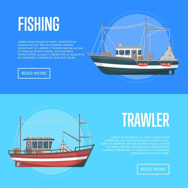 Volantini di società di pesca con pescherecci a strascico — Vettoriale Stock