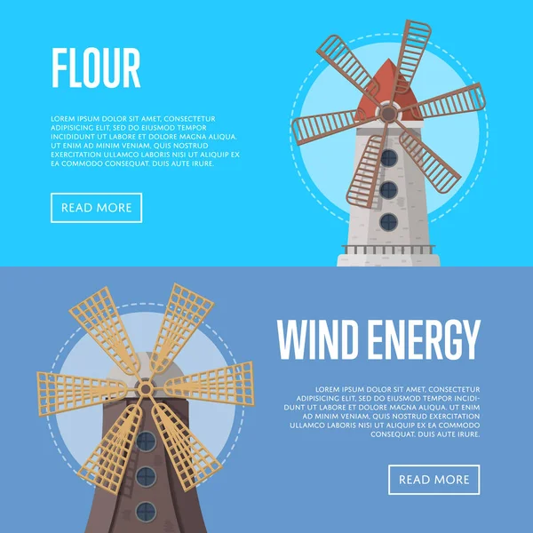 Windenergie flyers met oude windmolengebouwen — Stockvector
