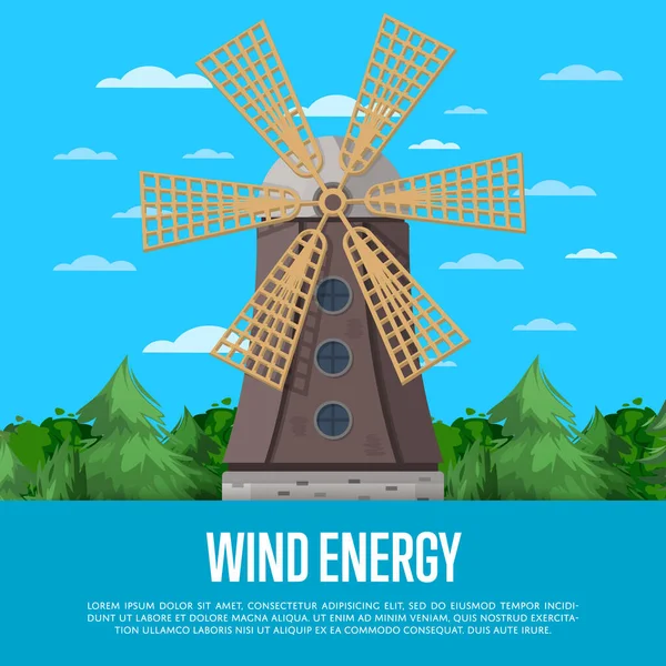 Plakát větrné energie se starým dřevěným mlýnem — Stockový vektor