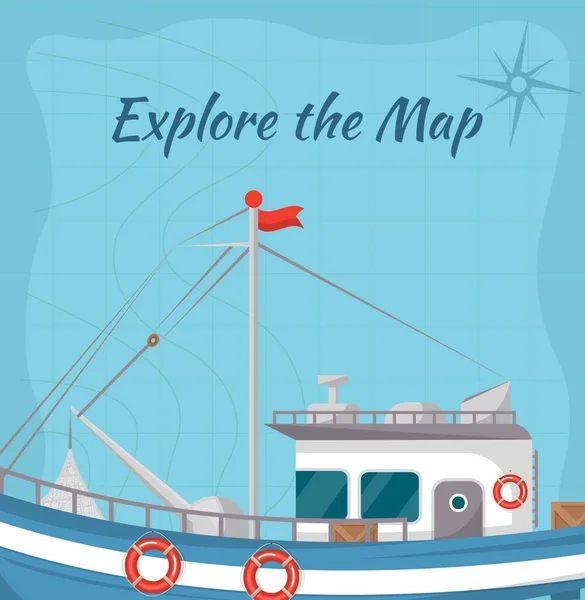 Explore o pôster do mapa com o navio — Vetor de Stock