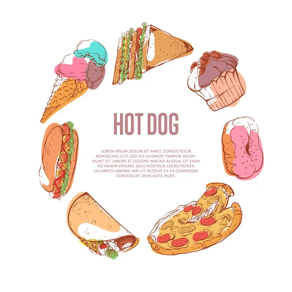 Heerlijke hotdog menu met fastfood schetsen — Stockvector