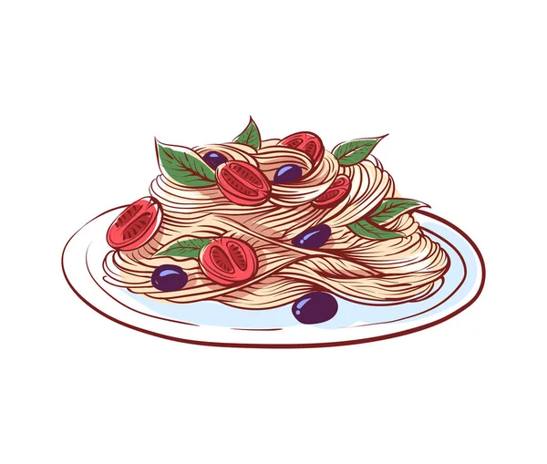 Těstoviny s rajčaty a olivově izolovanou vektorovou ikonou — Stockový vektor