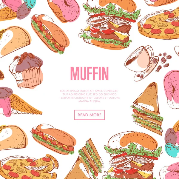 Chutné muffin menu s náčrtky rychlého občerstvení — Stockový vektor