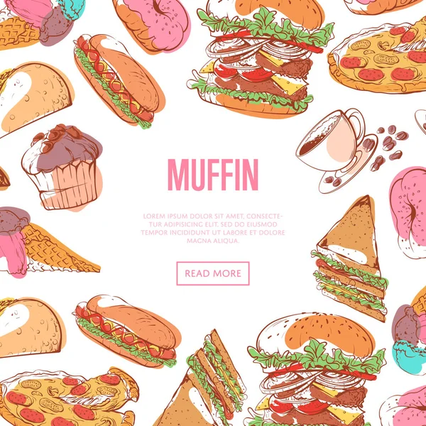 Menu muffin lezat dengan sketsa makanan cepat saji - Stok Vektor