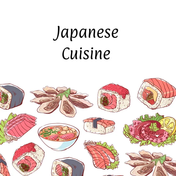 Poster de cozinha japonesa com pratos asiáticos —  Vetores de Stock