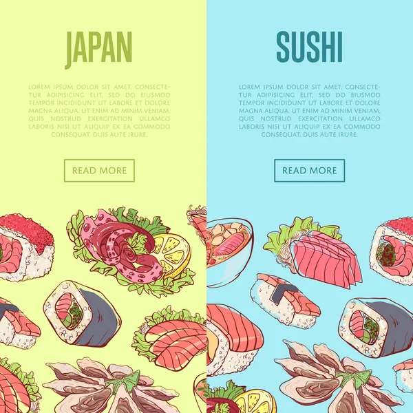 Japanese sushi advertising with asian dishes — Stock Vector